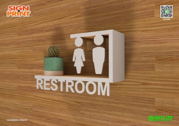 Bathroom Sign - Laser Cut Metal on Painted Wood Spacer