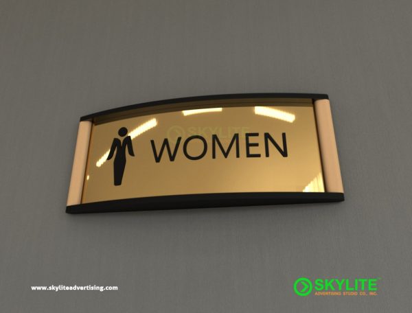 Curved Brass Metal Etched Bathroom Sign